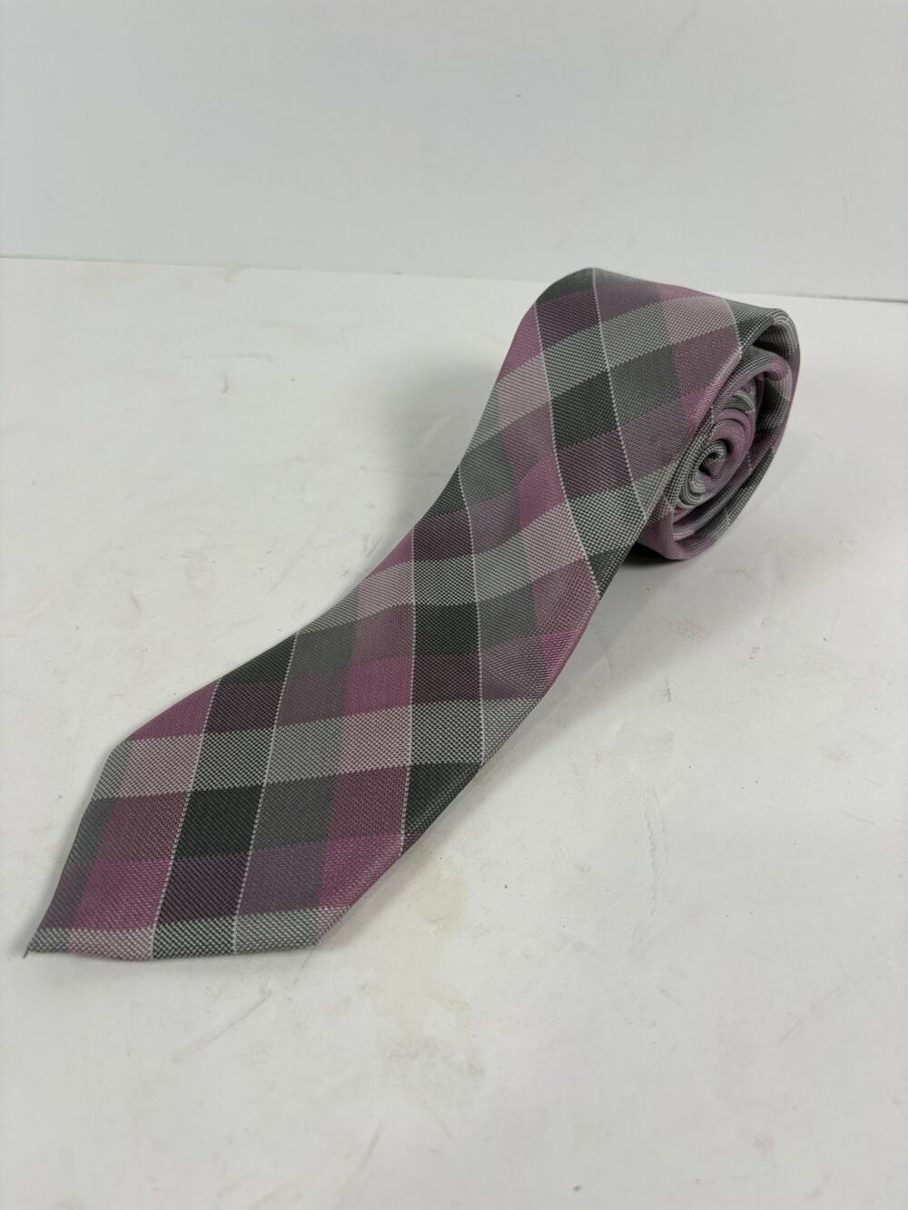 Michael Kors Mens Silk Blend Tie Pink Gray Plaid Check Designer Necktie Classic
